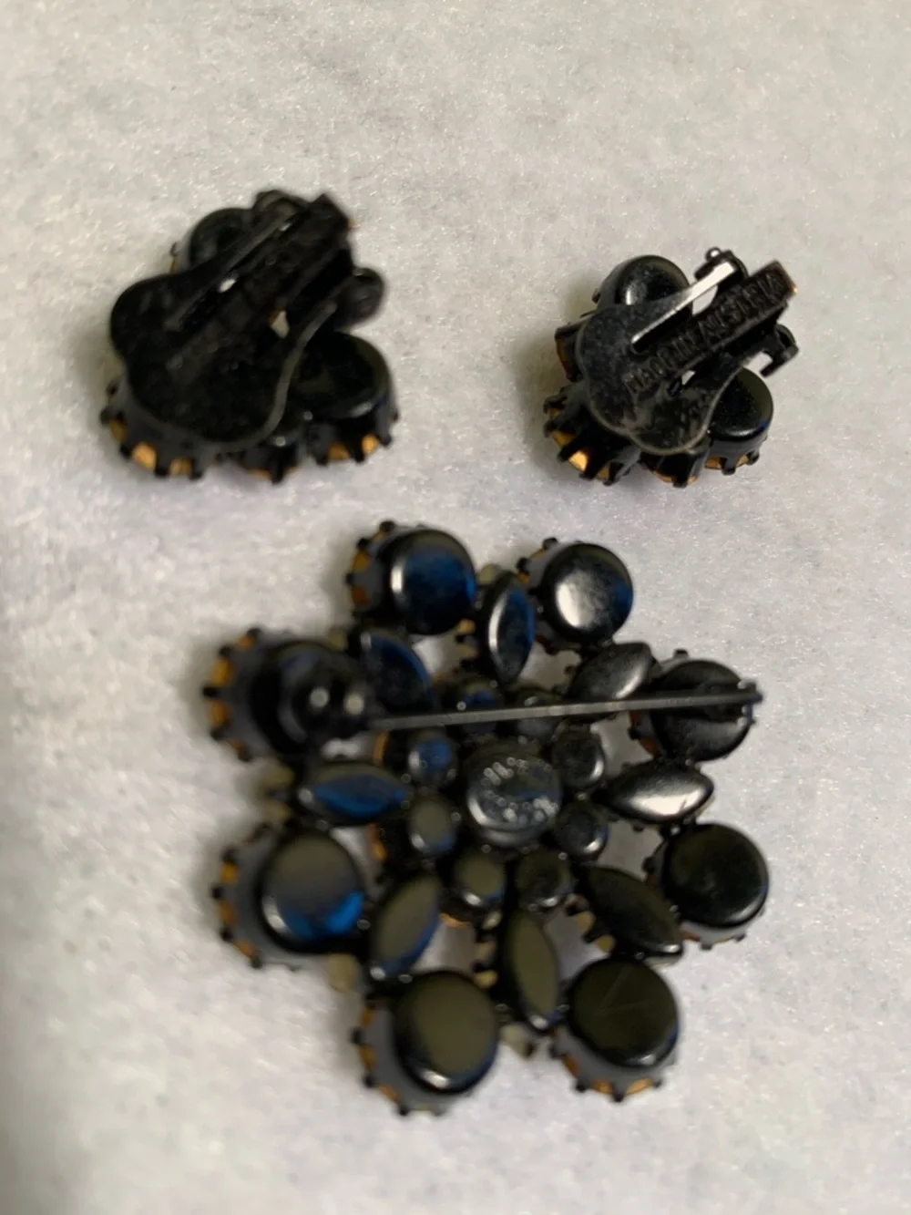 Vintage Austrian Opalescent and Amber Crystal Floral Brooch Set Black Metal